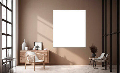 Fototapeta na wymiar Empty picture frame mockup hanging on the wall of a minimalist beige room interior, generated by AI