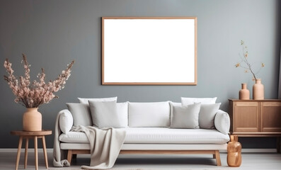 Empty picture wooden frame mockup hanging on the wall of a minimalist room interior, generated by AI
