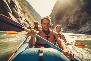 A close - up shot of a group of friends engaged in kayaking or rafting on a fast - flowing river with rocky cliffs in the background. Generative AI - obrazy, fototapety, plakaty