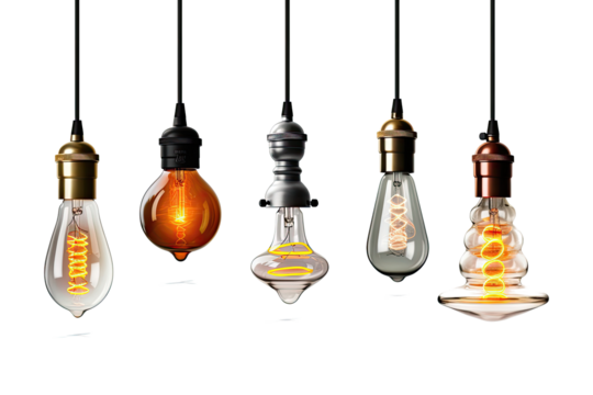 Hanging and floor lamps, light in the dark.
Light bulbs Generative ai, Transparent background