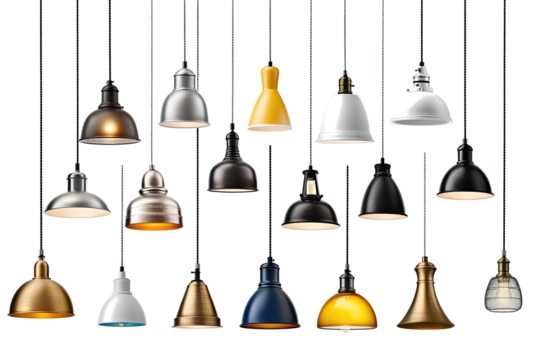 Hanging and floor lamps, light in the dark.
Light bulbs Generative ai, Transparent background
