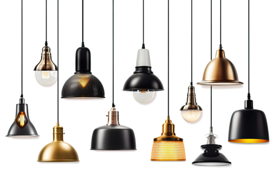 Hanging and floor lamps set collection, light in the dark.Light bulbs Generative ai, Transparent background