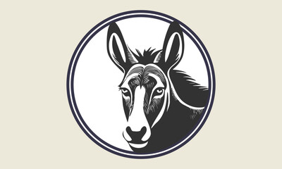 Vector round sticker or emblem. Graphic portrait stencil of a sad monochrome donkey with big ears. Light isolated background.