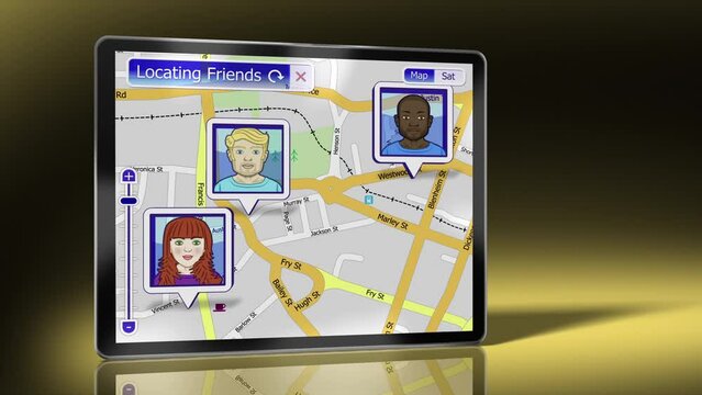 Digital Tablet social networking app that finds friends on a map. A diverse range of faces or avatars are located.
