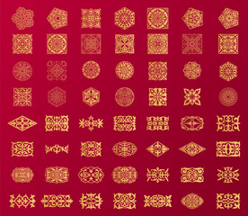 Set of 56 islamic golden ornaments on red background in vector. Circular ornamental arabic symbols. Abstract Asian elements of the national pattern of the ancient nomads of the Kazakhs, Tatars, Kyrgyz