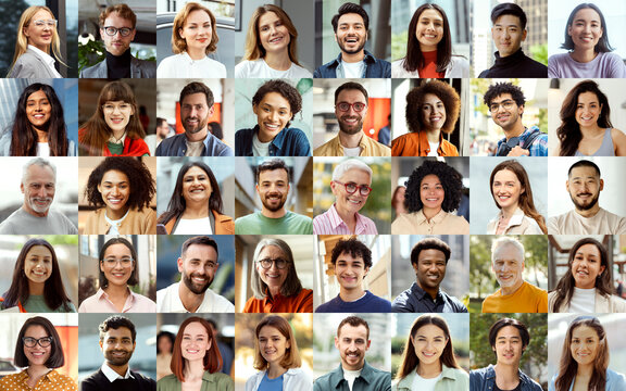 Collage portrait of multiracial smiling different business people. A lot of happy modern people faces in mosaic collection. Successful business, career, diversity concept 