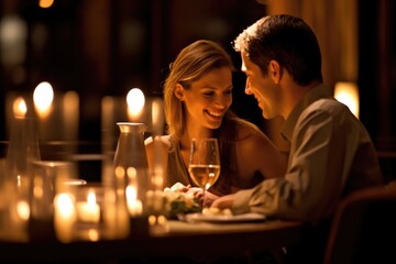 A close - up shot of a happy couple enjoying a romantic dinner in a candlelit restaurant. Generative AI - obrazy, fototapety, plakaty