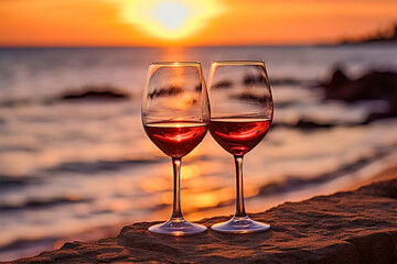 glass of red wine at sunset next the sea