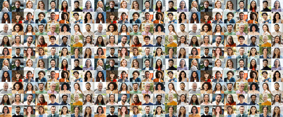 Fototapeta na wymiar Large collage, portrait of multiracial smiling different business people. A lot of happy modern people faces in mosaic collection. Successful business, team, career, diversity concept