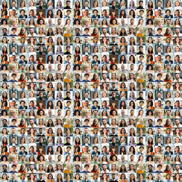 Large collage, portrait of multiracial smiling different business people. A lot of happy modern people faces in mosaic collection. Successful business, career, diversity concept 