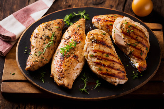 Grilled chicken breast with potatoes and herbs on a board, generative AI