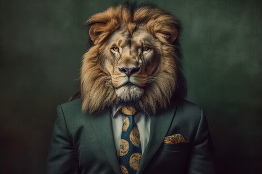 Strong and powerful lion business man