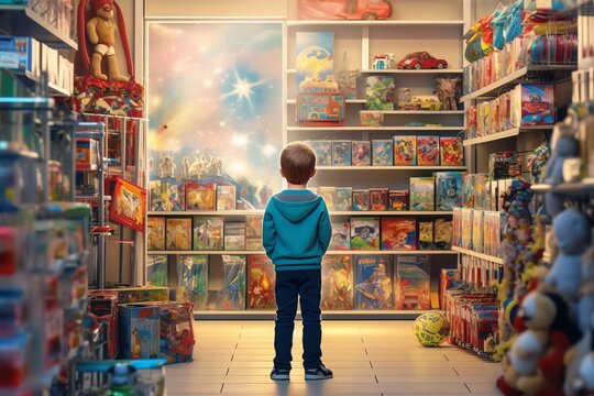 A little boy standing in front of a toy store. generative AI