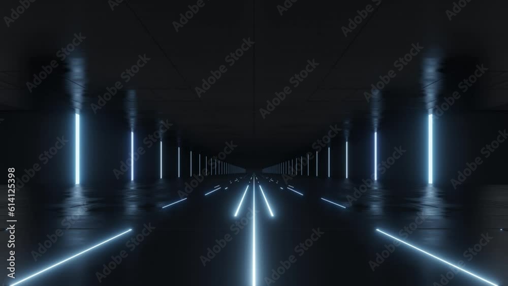Poster 3d rendering of dark abstract sci-fi tunnel, Futuristic spaceship corridor. Loop animation.