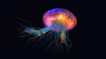 Glowing sea jellyfish isolated on dark background created with Generative AI technology