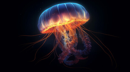 Glowing sea jellyfish isolated on dark background created with Generative AI technology