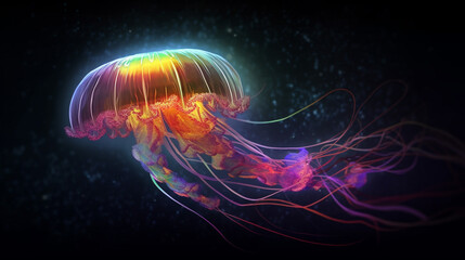 Glowing sea jellyfish isolated on dark background created with Generative AI technology