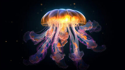 Glowing sea jellyfish isolated on dark background created with Generative AI technology
