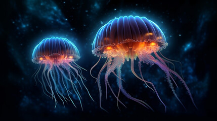 Glowing sea jellyfish isolated on dark background created with Generative AI technology