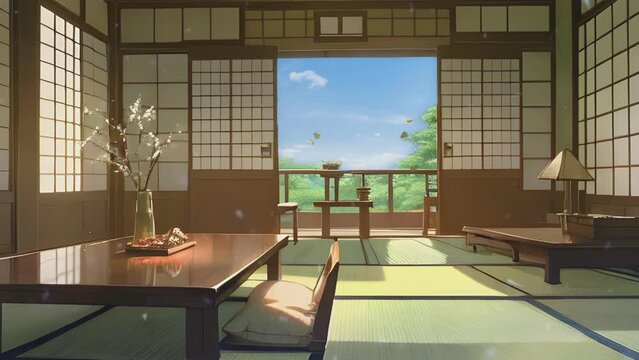 Seamless looping video animation of a Japanese house living room with a summer view through an open door, depicted in an enchanting anime watercolor painting style.