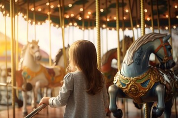 A little girl standing in front of a carousel. generative AI