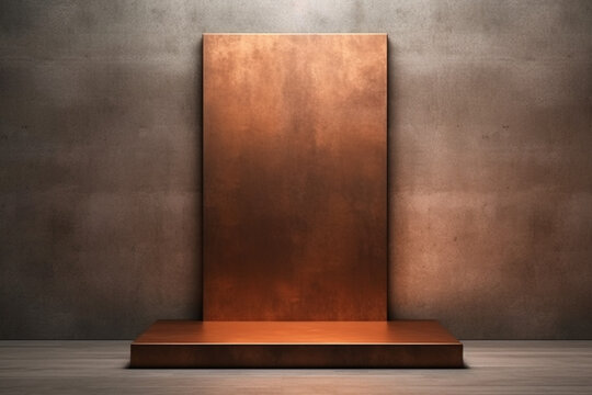 Copper and Rose gold podium pedestal cosmetic beauty product presentation stage empty mock up on copper background. Minimalist symetrical backdrop luxury template. Generative AI.