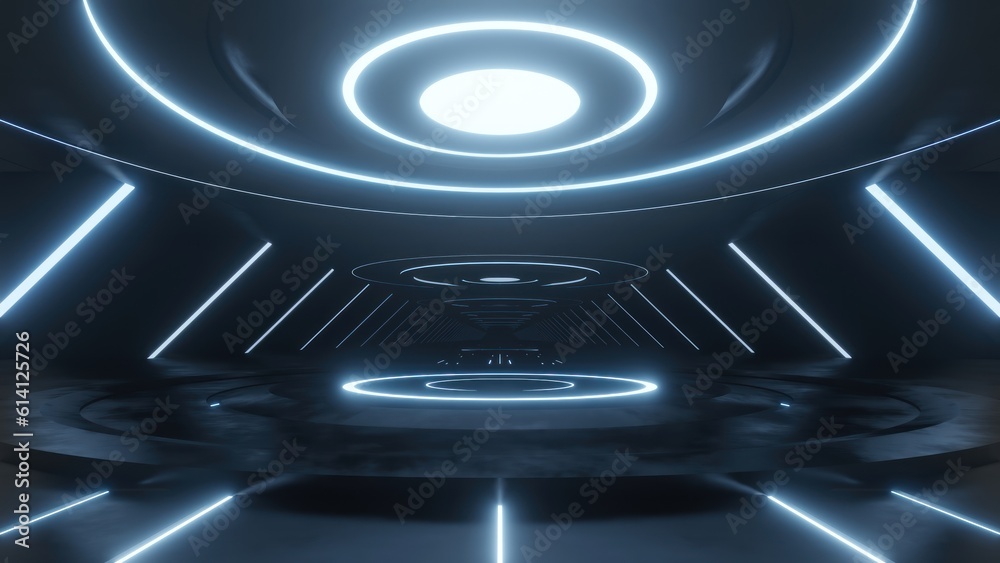 Poster 3d rendering of dark abstract sci-fi tunnel, Futuristic spaceship corridor.