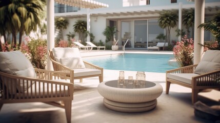 Exquisite interior lounge area near the swimming pool with sun loungers, hotel zone, SPA Relaxing holiday generative AI