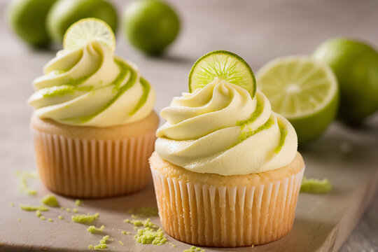 Key lime cupcakes with coconut frosting, generative AI