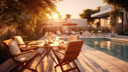 Fototapeta premium Exquisite interior lounge area near the swimming pool with sun loungers, sunset, Close area. Hotel relaxing zone, generative AI image
