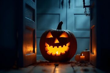 Halloween pumpkin head lantern with burning candle inside on dark background, AI generative content.