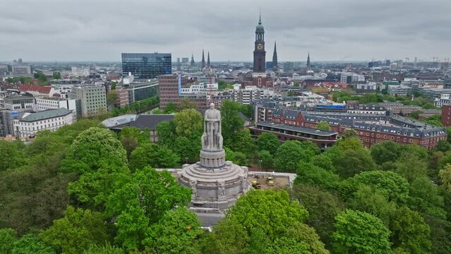Drone shot of Bismarck Monument ( Bismarck-Denkmal ) , Hamburg , Germany . Large monument featuring a statue of of Otto von Bismarck, the 1st German Chancellor.