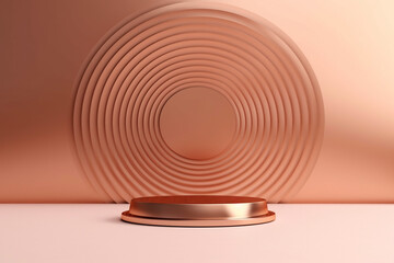 Obraz premium Rose gold round podium pedestal cosmetic beauty product presentation scene empty mock up on trendy pink coral pastel background with spring flowers, minimalist backdrop luxury template. Generative AI.