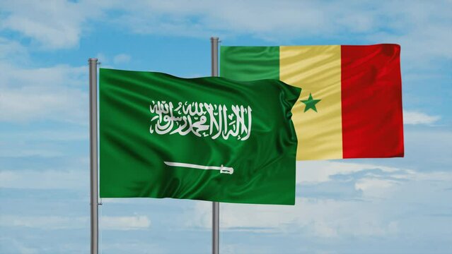 Republic of Senegal and Saudi Arabia flag waving together in the wind on blue sky, cycle looped video, two country cooperation concept
