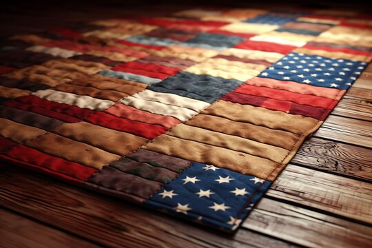 A patchwork quilt stitched to resemble the American flag. generative AI