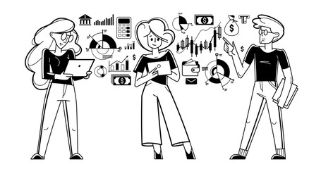 Financial analytics making inquiry about budget balance in business company, vector outline illustration, business strategy growth, teamwork.