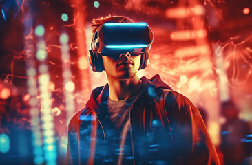 Portrait of a young man wearing virtual reality goggles. Future technology concept. created with generative AI technology.