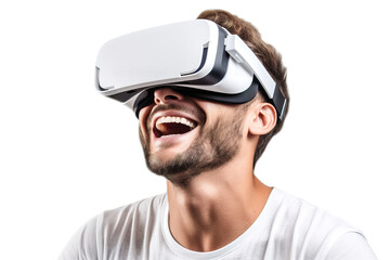 Fototapeta premium Portrait of a young man wearing virtual reality goggles, grey background. Future technology concept. created with generative AI technology.