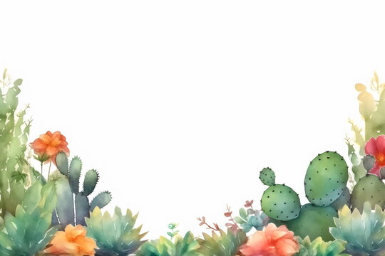 cactus and flower bottom edge watercolor frame with copy space made with generative ai