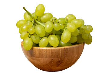 Green grapes in bowl. Organic farm products. Fresh bunch of grapes isolated on white background