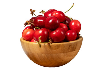 Cherry in bowl. Organic farm products. Fresh cherry isolated on white background. Close up