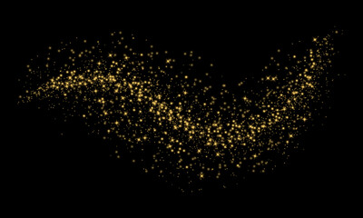 Glittering vector dust on black background. Golden sparkling lights. Holiday glow particle. Magic star effect. Shine background. Festive party design. Vector EPS 10