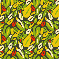 Seamless plant pattern. Seamless vector abstract plants and leaves in yellow and green with red accents and simple shapes. Plant print for textiles or packaging. 