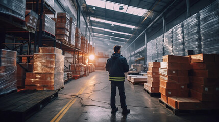 A Man Standing in a Warehouse Full of Boxes Stacked Atop Pallets Generative AI