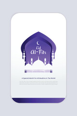 Eid Special Theme Vertical Social Media Template with Mosque Dome Ornament and Purple Color Mosque Gate combination.