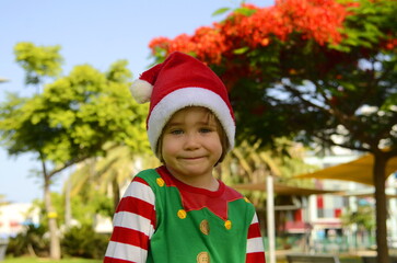 Positive little preschooler boy in santa hat. Concept: Christmas in the tropics, winter holidays. Portrait of a child on the background of a flowering tree.