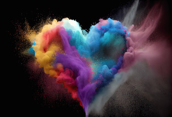 explosión de polvo de color con forma de corazón, sobre fondo negro, concepto san valentín - obrazy, fototapety, plakaty