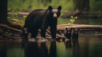A Black Bear Mother and her Cubs in the River