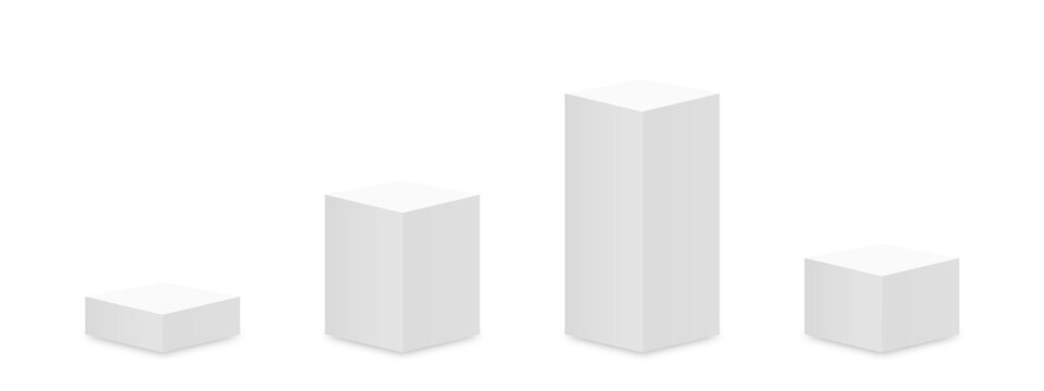 Pedestal and podium mockup in square pillar shapes. Empty museum stage or pedestal mockup isolated on white background. Stand for award ceremony, product presentation and museum exhibition. Vector