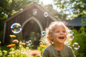 A close - up shot of a joyful child blowing bubbles in a vibrant garden. Generative AI